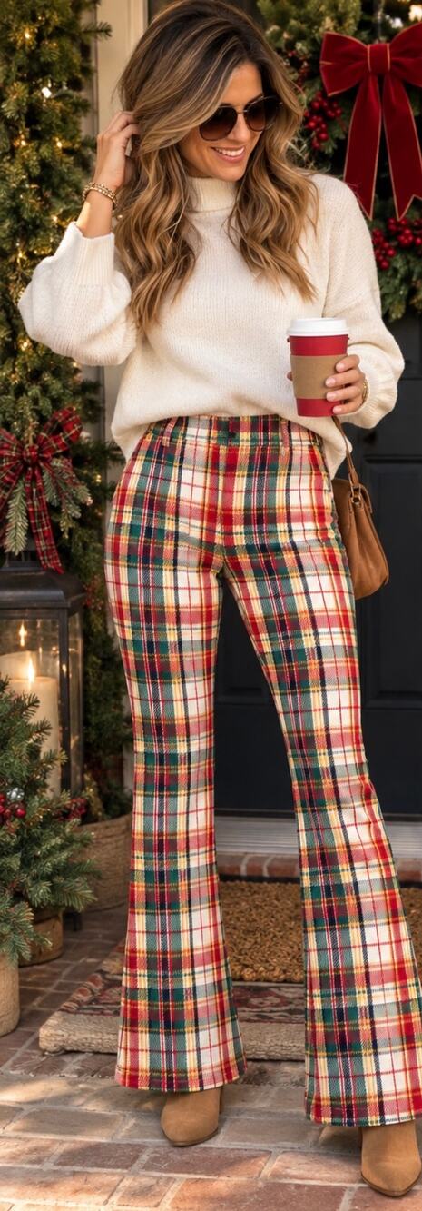 Free People Plaid High Rise Flare Pants, Tartan Holiday Retro, Size 26